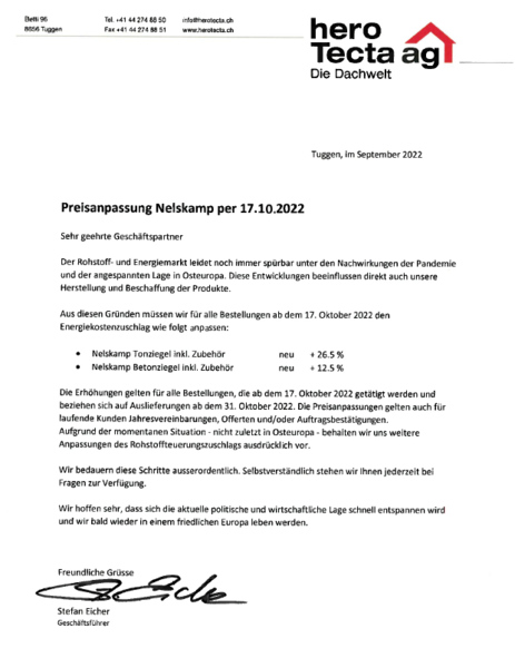 Preisanpassung Nelskamp per 17.10.2022